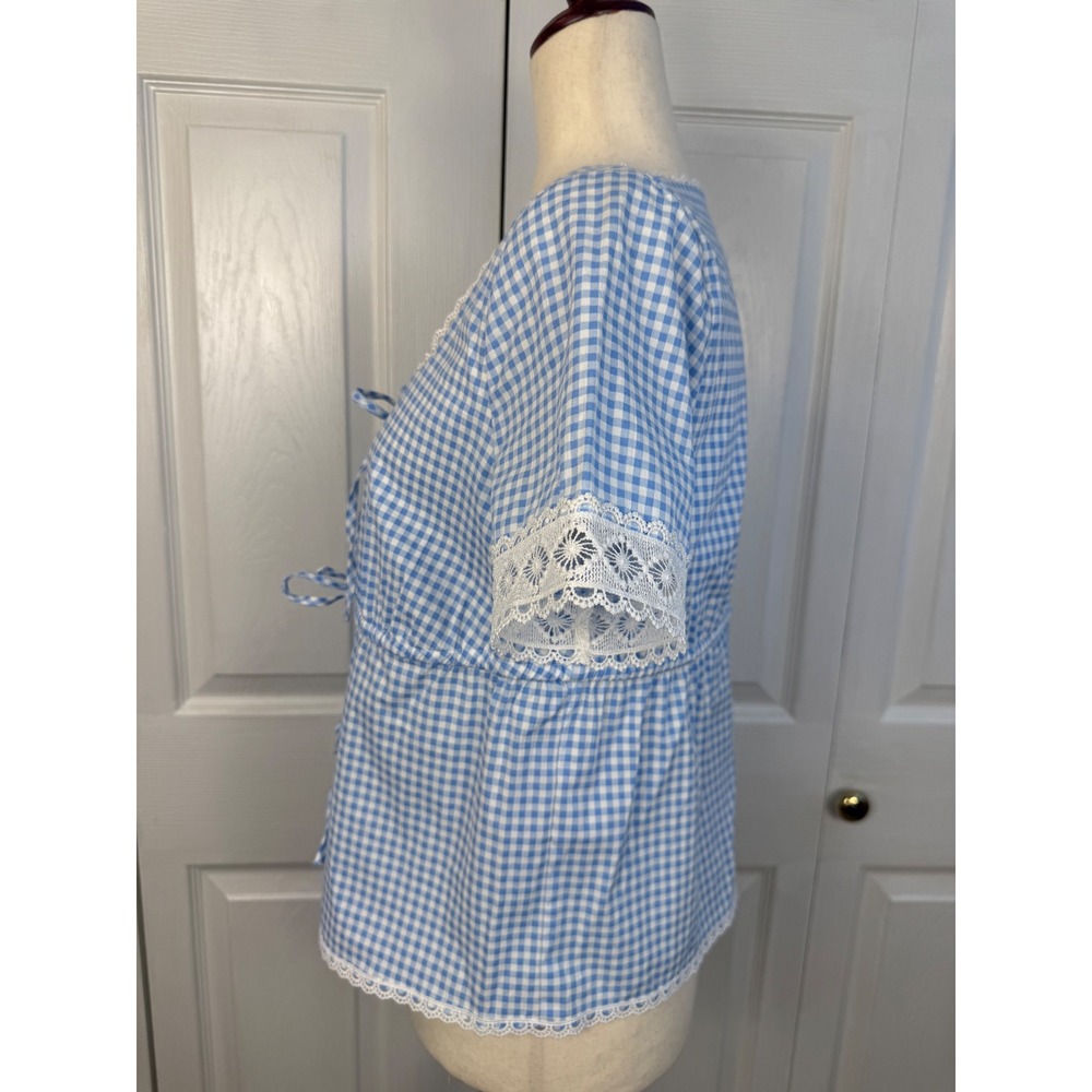 NWT Bagatelle Collection Blue Gingham Lace Trim Tie Front Top Size S - Picture 5 of 10